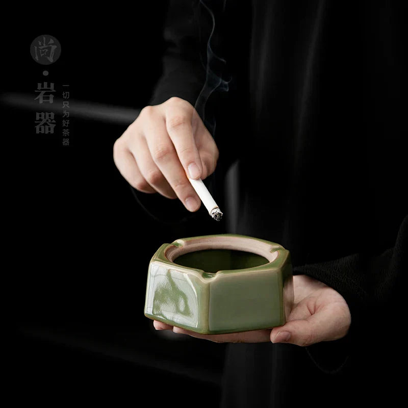 DecorBites™ Geometric Green Ceramic Ashtray - Desk Decoration and Smoking Accessory