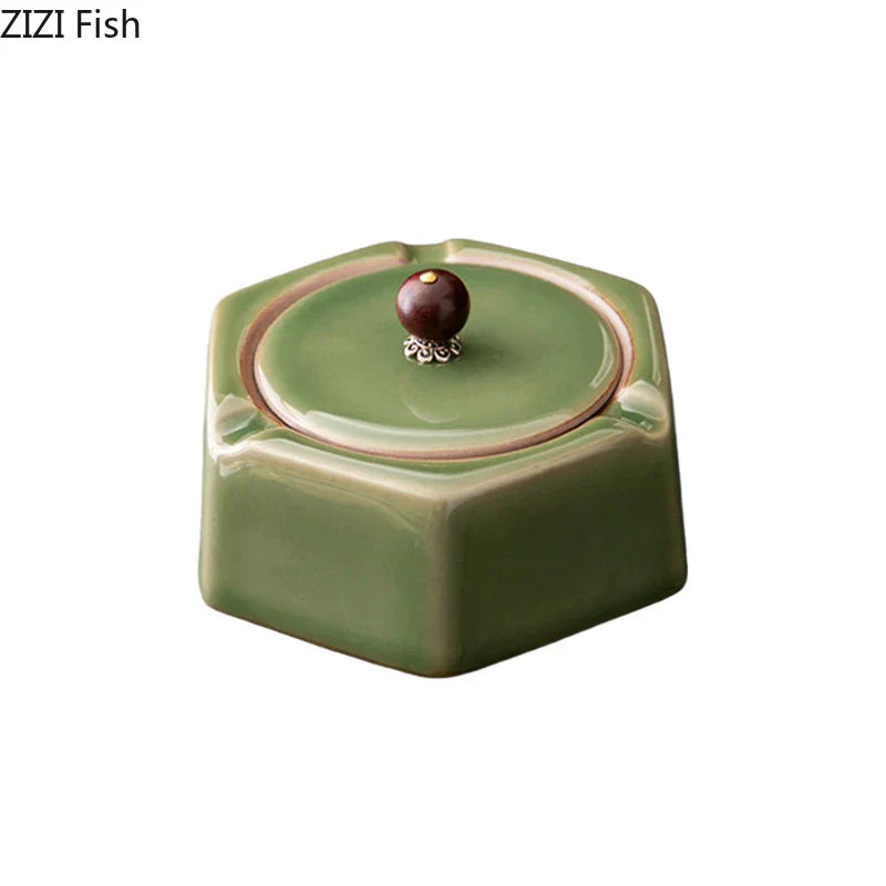 DecorBites™ Geometric Green Ceramic Ashtray - Desk Decoration and Smoking Accessory