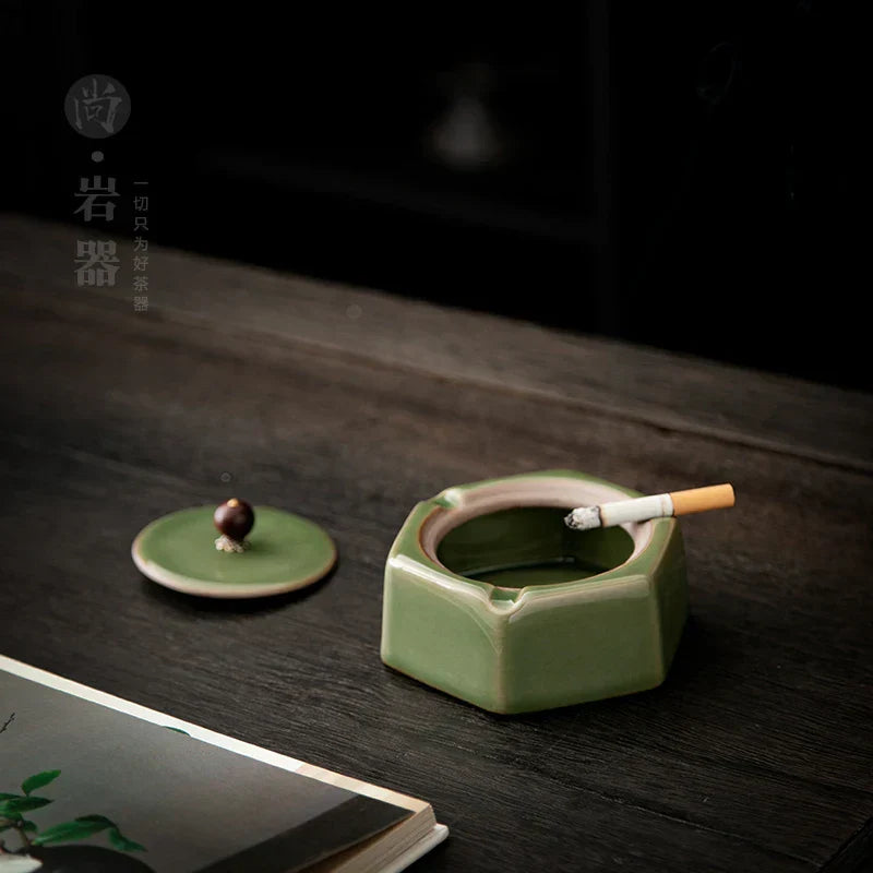 DecorBites™ Geometric Green Ceramic Ashtray - Desk Decoration and Smoking Accessory
